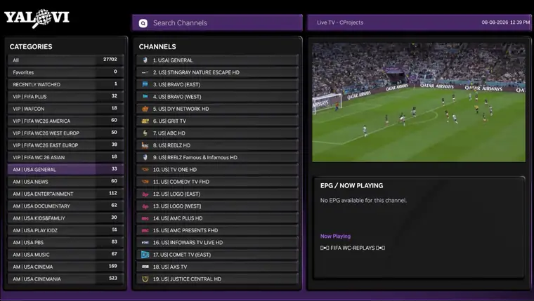 YALOVI Live TV interface preview